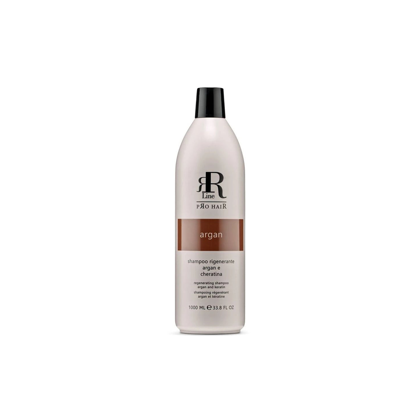 Argan and keratin regenerating shampoo for hair care, 1000ml bottle with sleek design