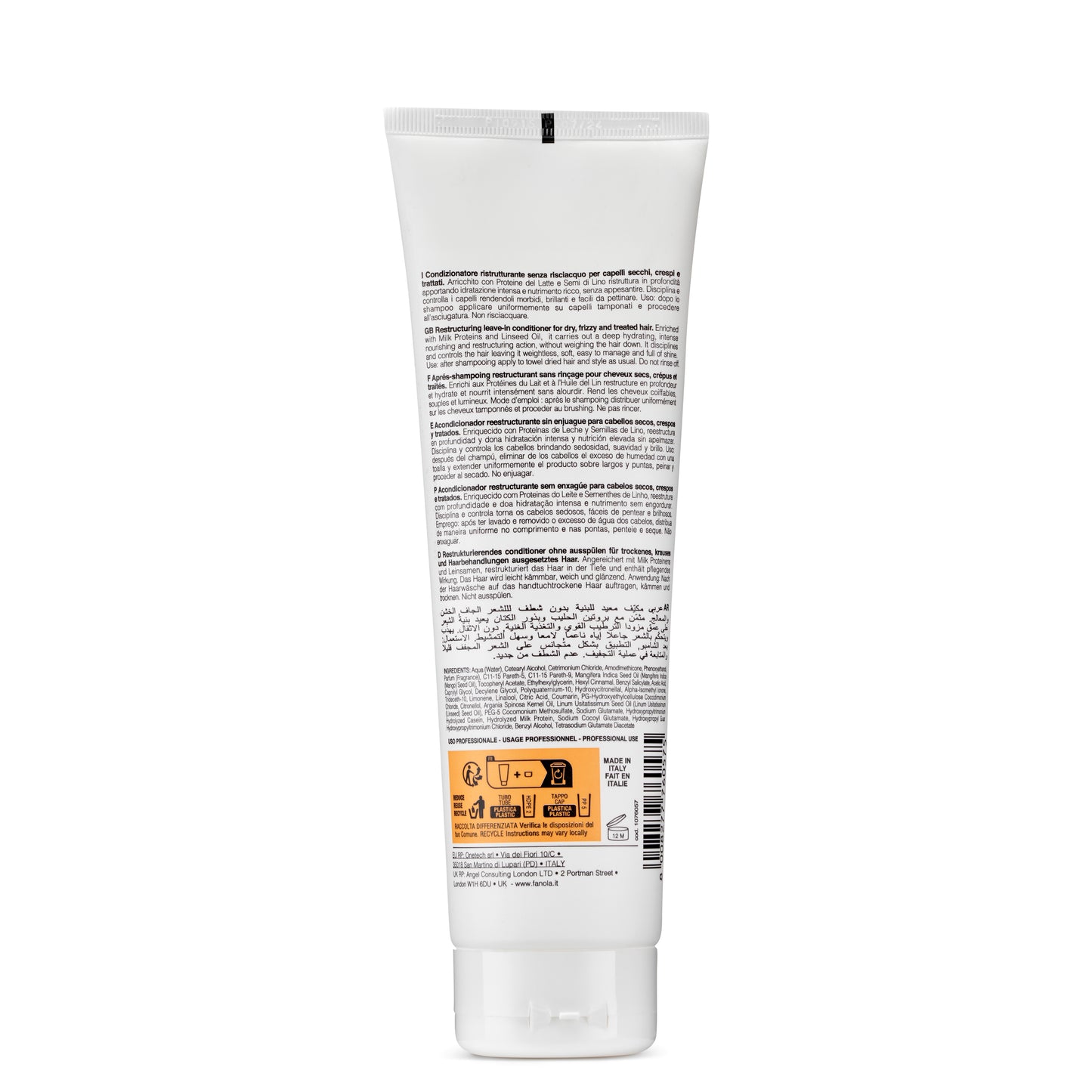 White tube of leave-in conditioner for dry, frizzy hair with multilingual text, made in Italy