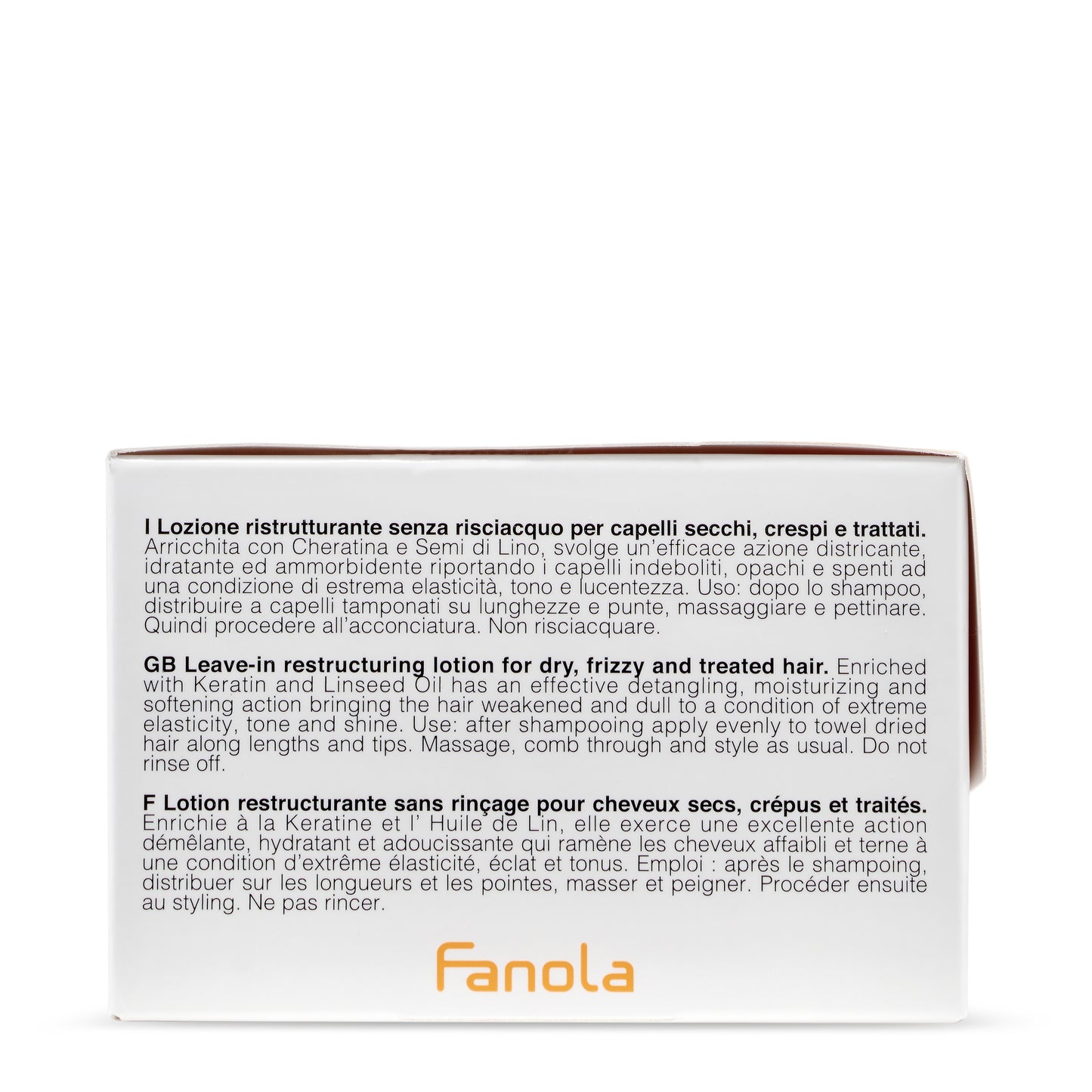 Fanola leave-in restructuring lotion for dry, frizzy, treated hair with keratin & linseed oil