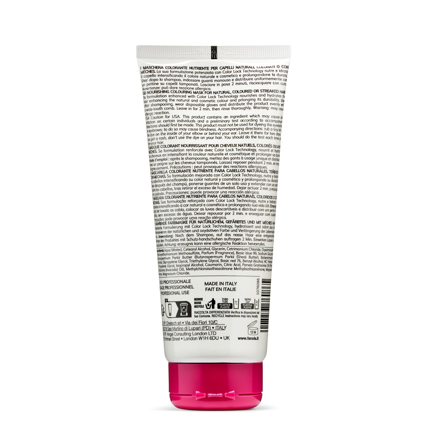 Nourishing hair color mask tube with multilingual instructions, made in Italy, for natural or colored hair care.