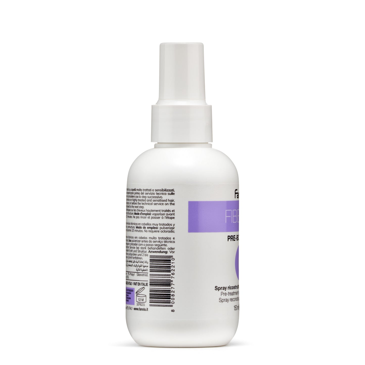 White bottle of pre-treatment hair spray with purple label, 150ml, for damaged hair repair