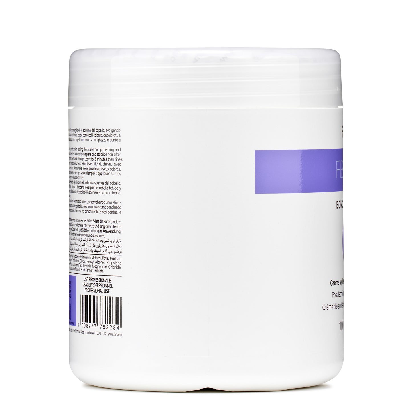White jar of professional hair treatment cream with multilingual label and purple accents