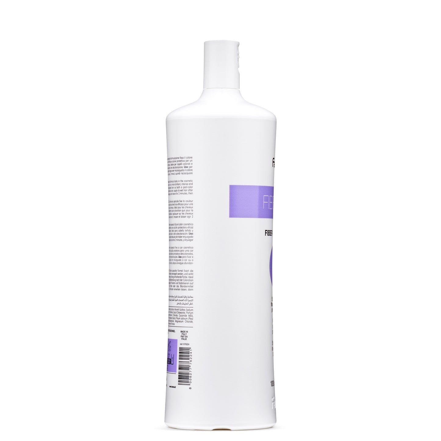 White bottle of Fiber hair treatment with purple label, made in Italy for colored and bleached hair care