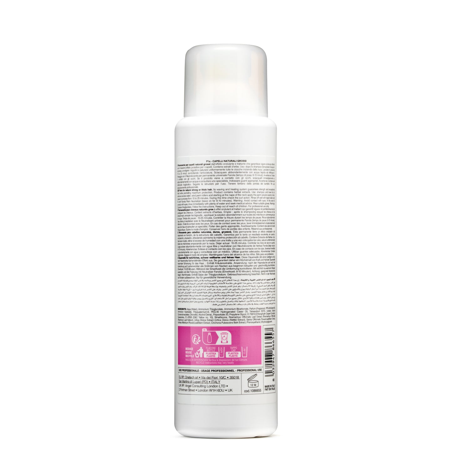 Professional hair perm solution for thick, natural hair with herbal extracts, made in Italy