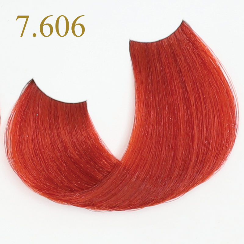 Vibrant red hair color swatch 7.606, showcasing rich copper tone for beauty styling