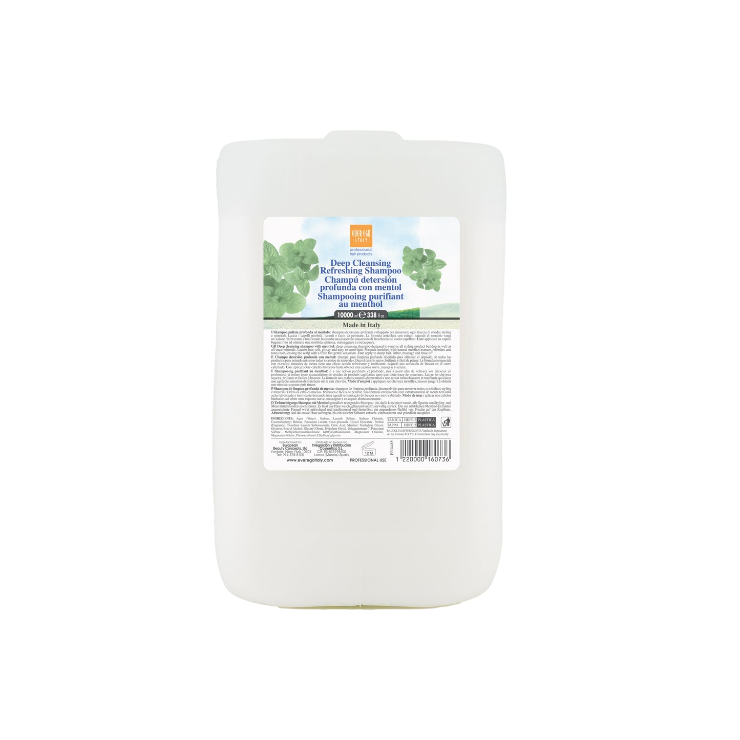 Deep Cleansing Refreshing Shampoo with Menthol, 10L Professional Hair Care, Made in Italy
