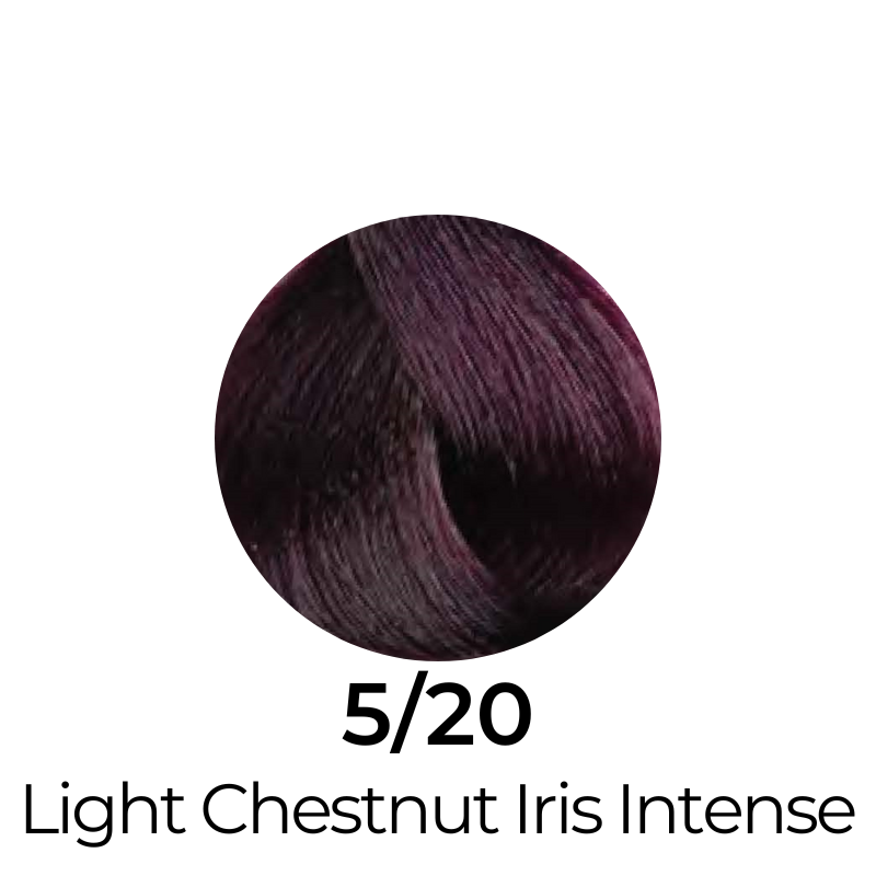 5/20 Light Chestnut Iris Intense hair color swatch, rich purple-brown tone for beauty styling