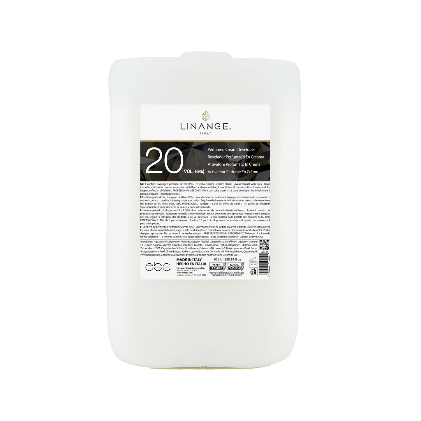 Linange Italy 20 Volume Perfumed Cream Developer for Professional Hair Coloring, 10L