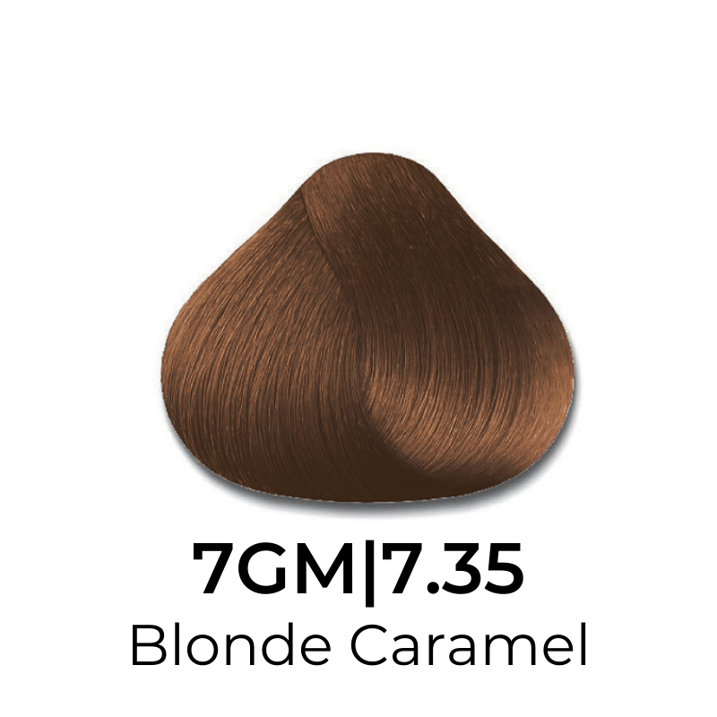 Blonde Caramel hair color swatch 7GM|7.35 for salon or home use