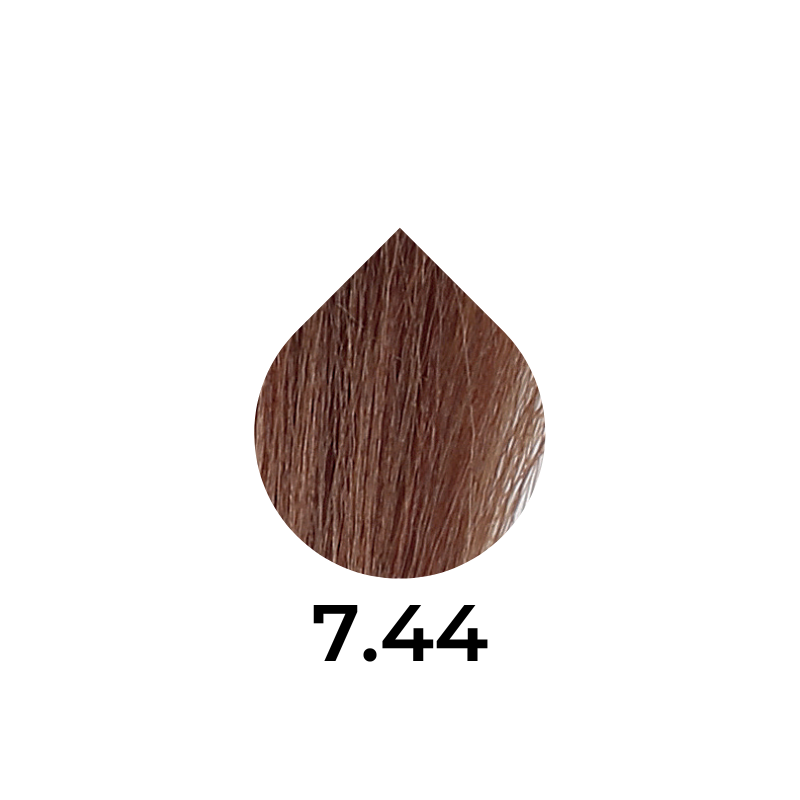 Hair color swatch 7.44, warm reddish-brown tone for salon or home use