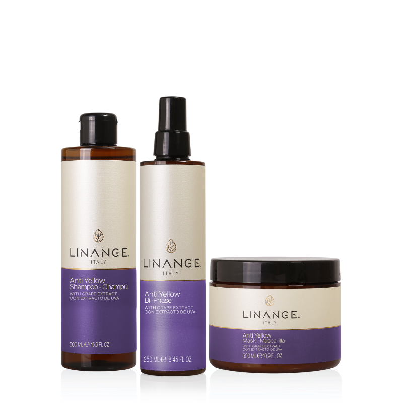 Linange Italy Anti Yellow hair care set with grape extract: shampoo, bi-phase spray, and mask