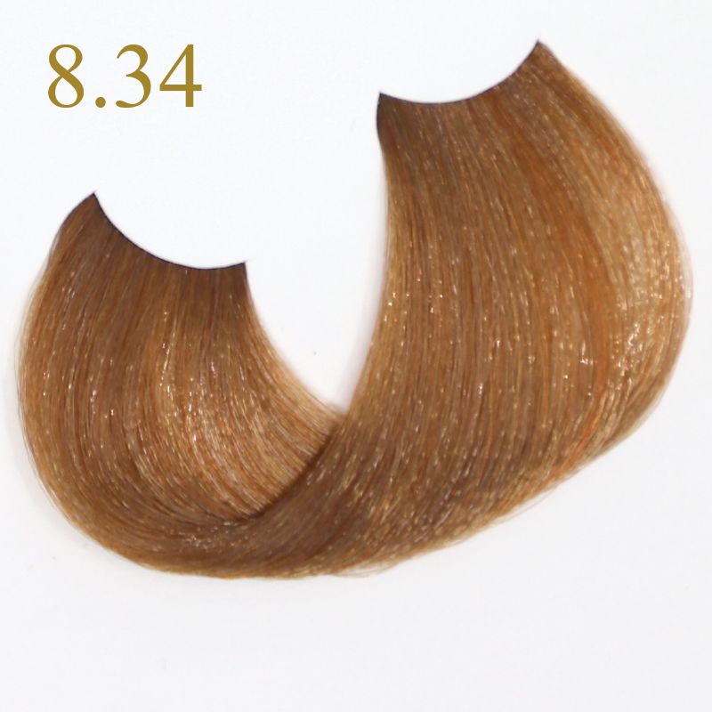 Hair color swatch 8.34, golden blonde shade for salon or home use