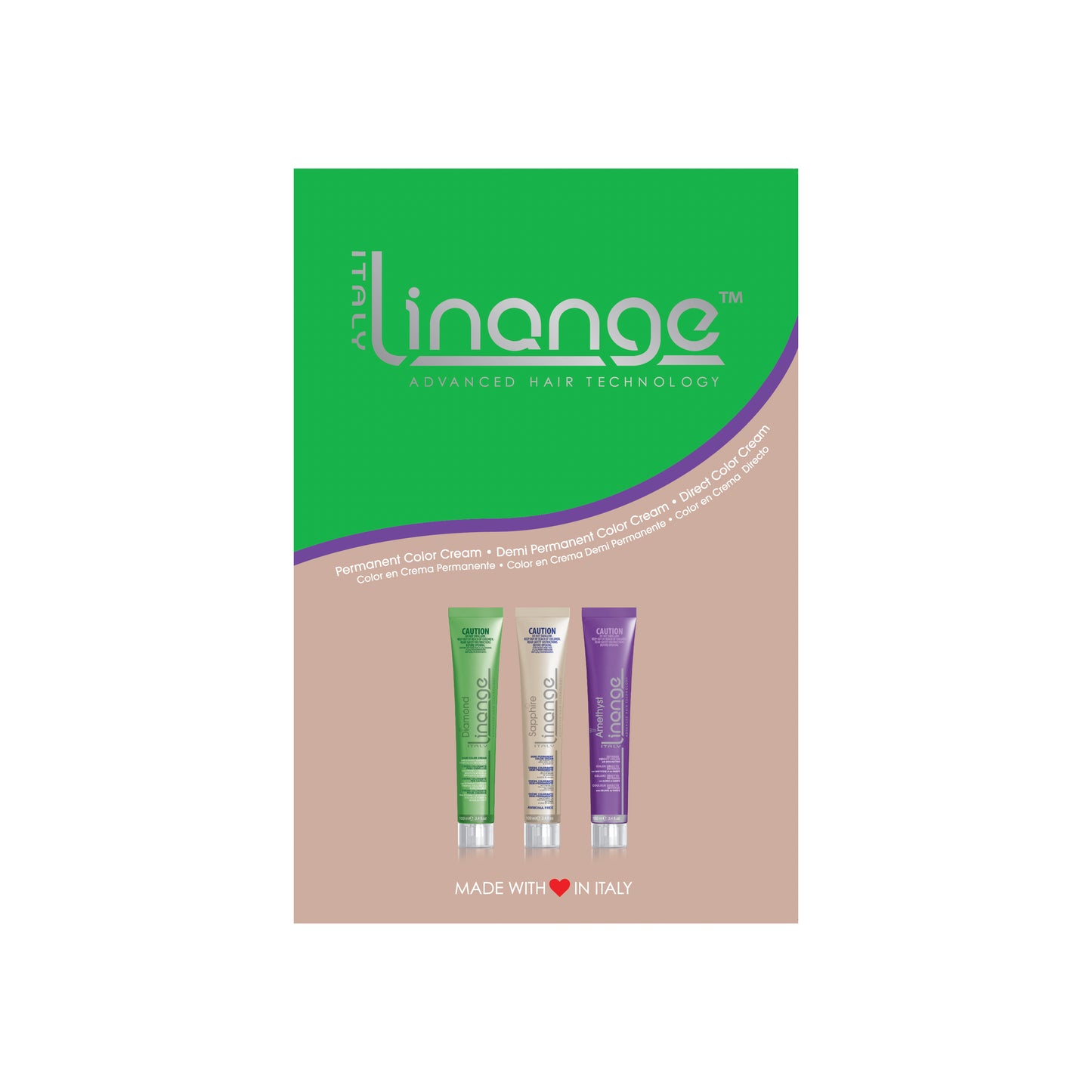 Linange hair color cream tubes: permanent, demi-permanent, direct dye in green, beige, purple. Made in Italy.