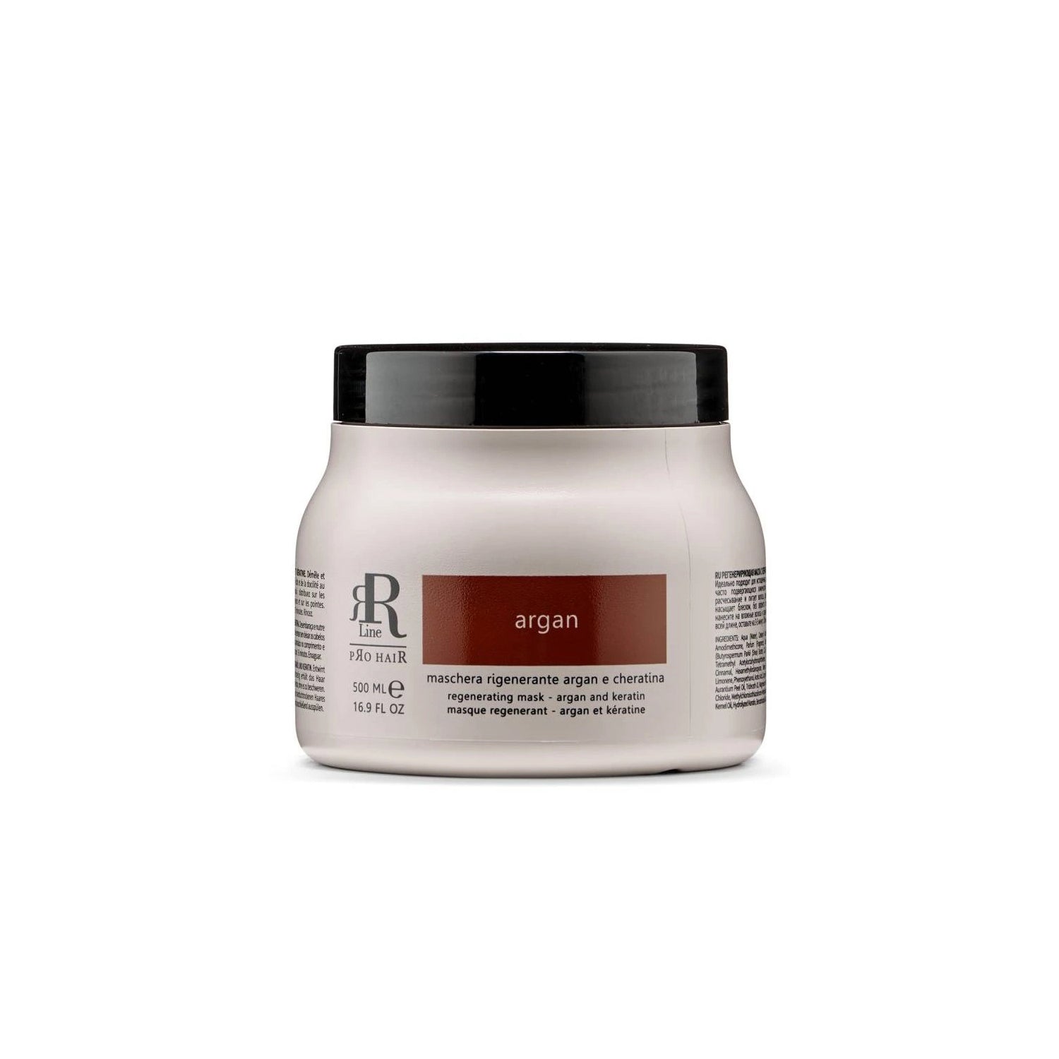 Argan and keratin regenerating hair mask in white jar with black lid, 500ml