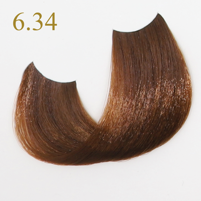 Hair color swatch 6.34, rich brown tone for salon or home use