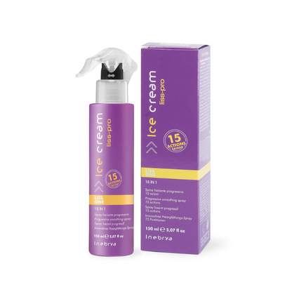 Ice Cream Liss-Pro 15-in-1 progressive smoothing spray for sleek hair, 150ml with purple packaging