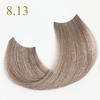 Hair color swatch 8.13, light ash blonde with subtle highlights, ideal for European beauty trends