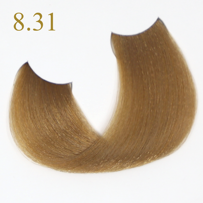 Hair color swatch 8.31 light golden blonde, smooth texture, beauty product sample