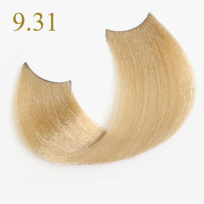 Light blonde hair swatch 9.31 for salon hair color, smooth texture, European beauty concept