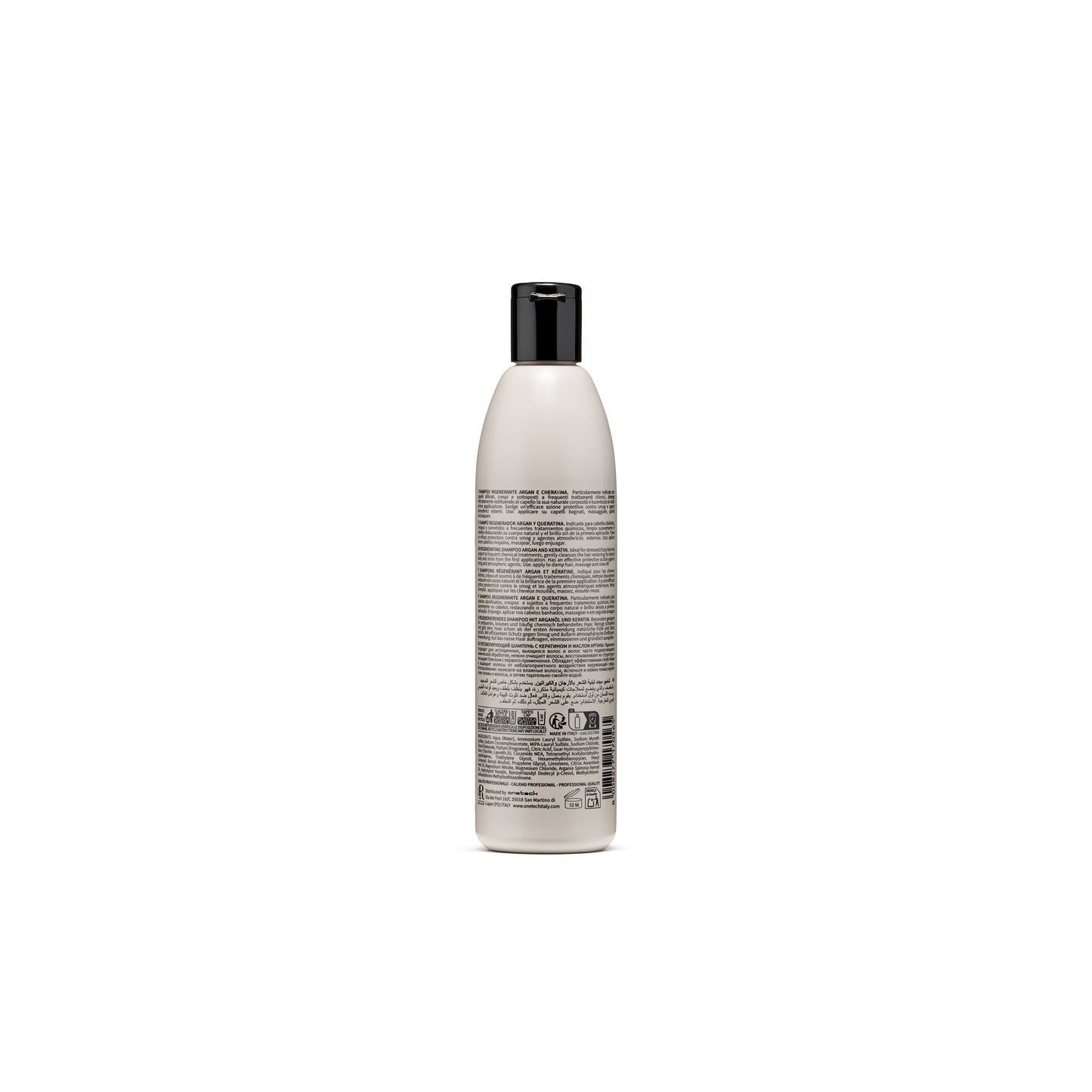 Argan and keratin regenerating shampoo bottle with multilingual label and black cap