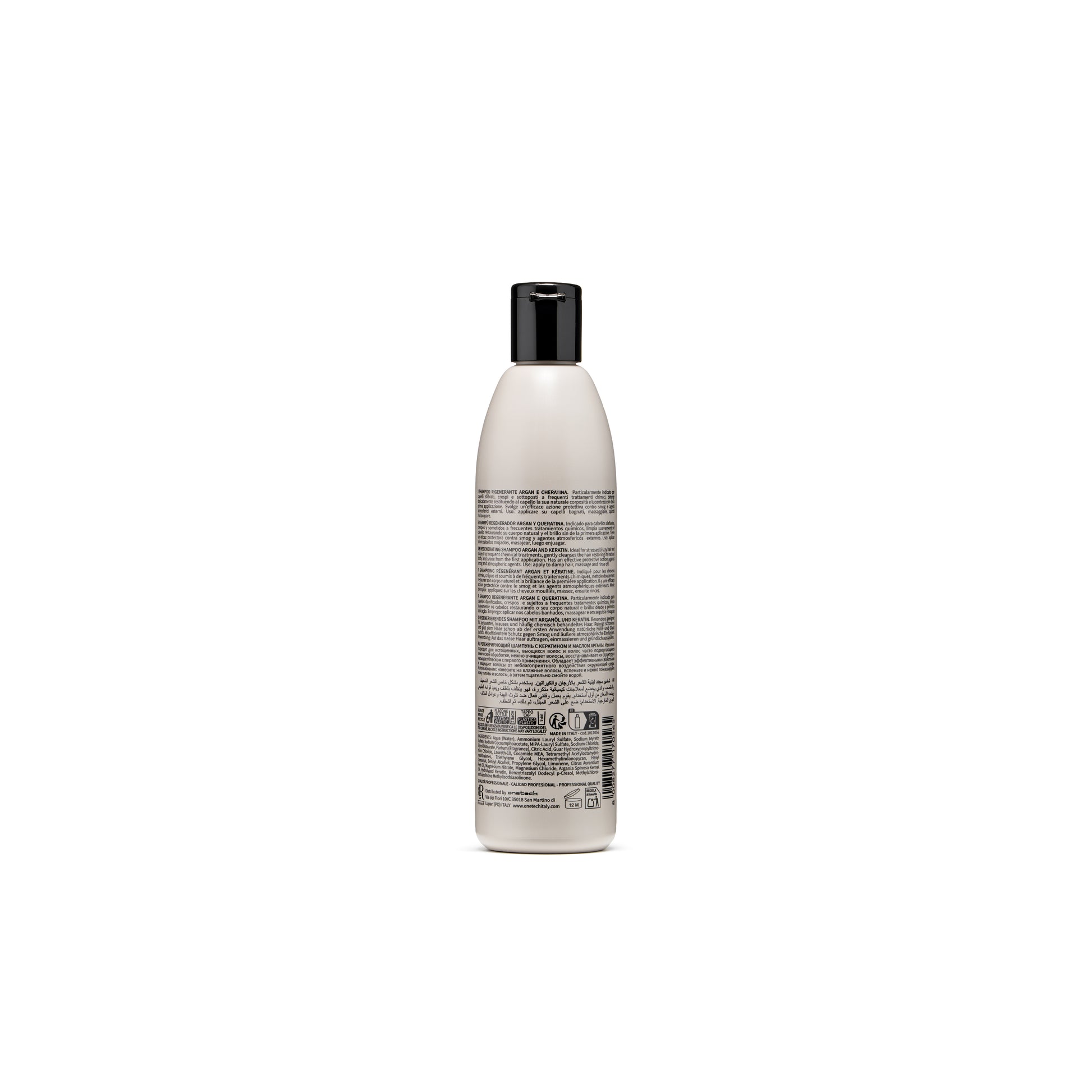 Argan and keratin regenerating shampoo bottle with multilingual label and black cap