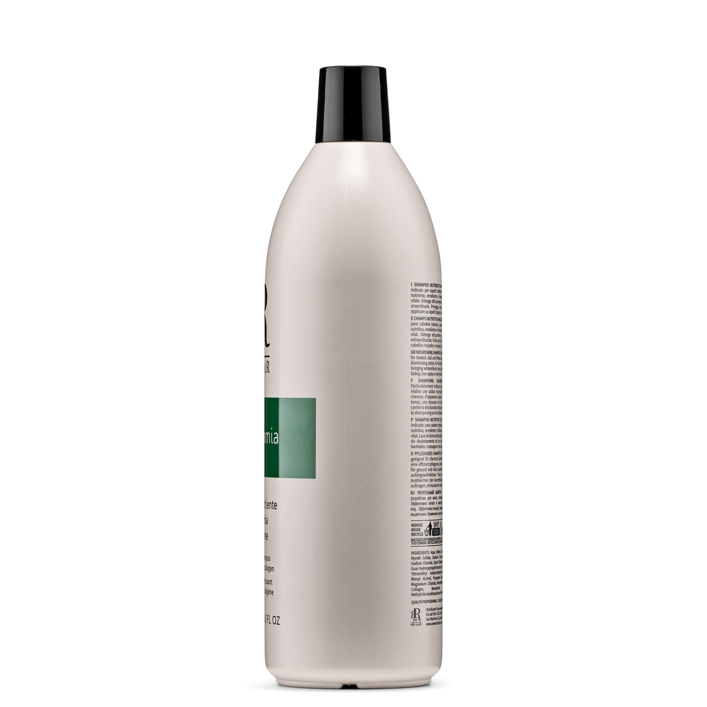 Nourishing shampoo bottle with black cap, green label, for treated dull hair, professional beauty care