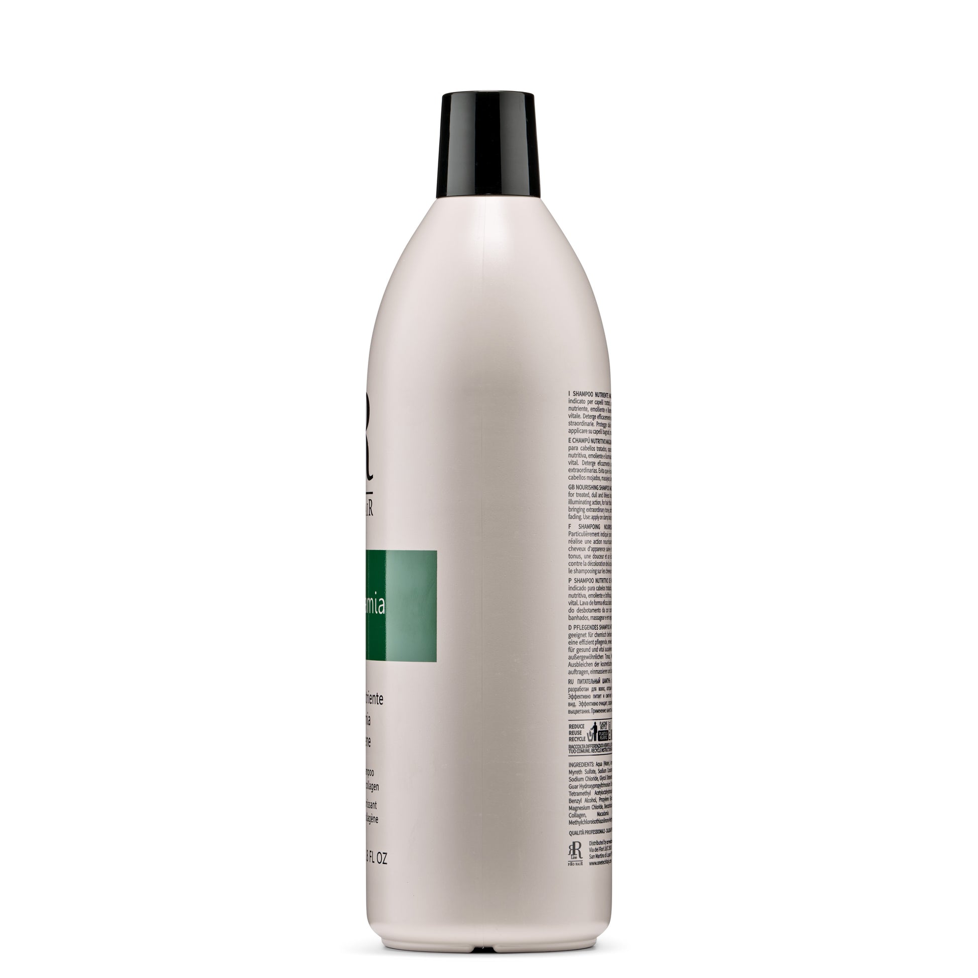 Nourishing shampoo bottle with black cap, green label, for treated dull hair, professional beauty care