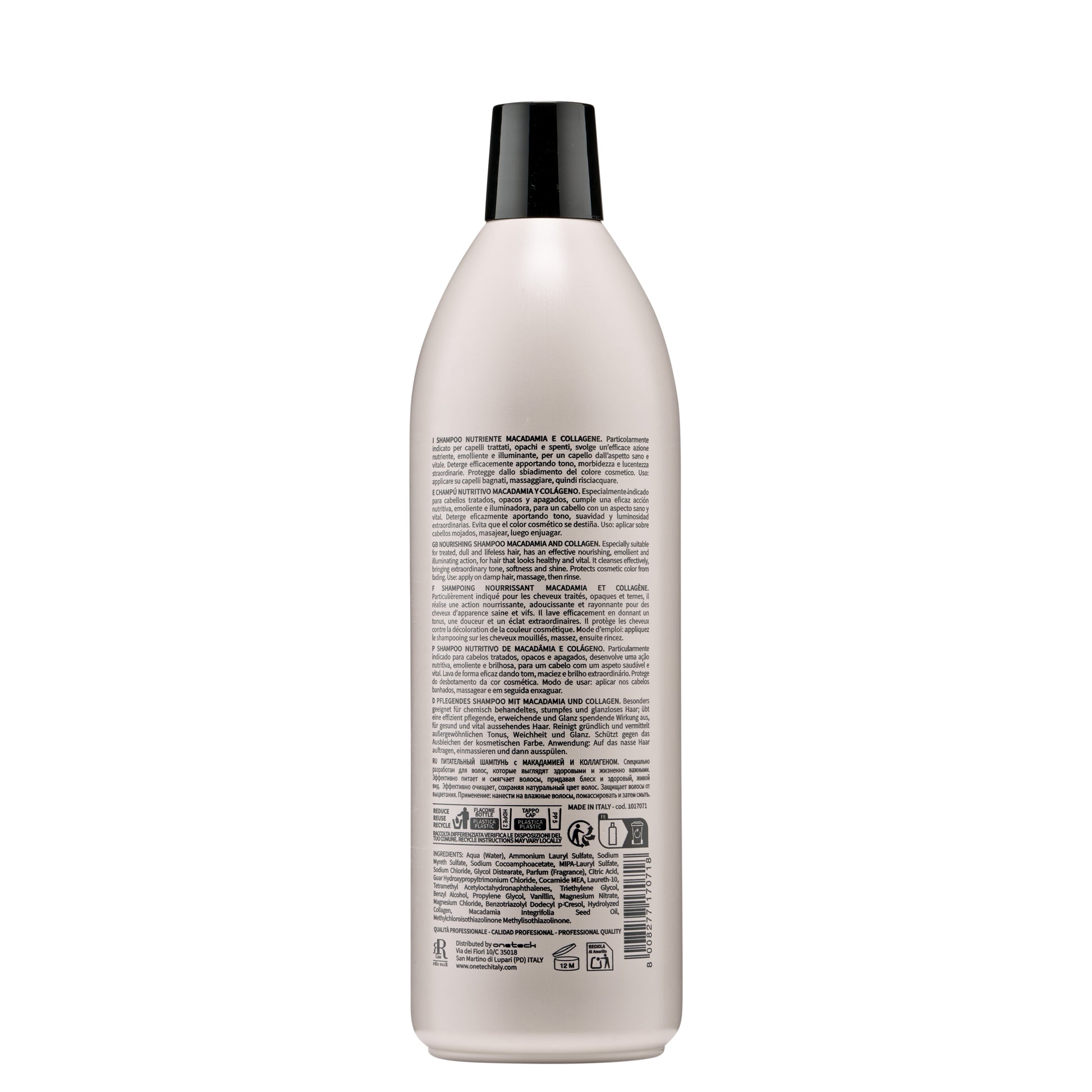 Nourishing macadamia and collagen shampoo bottle with multilingual label, made in Italy for healthy, shiny hair care