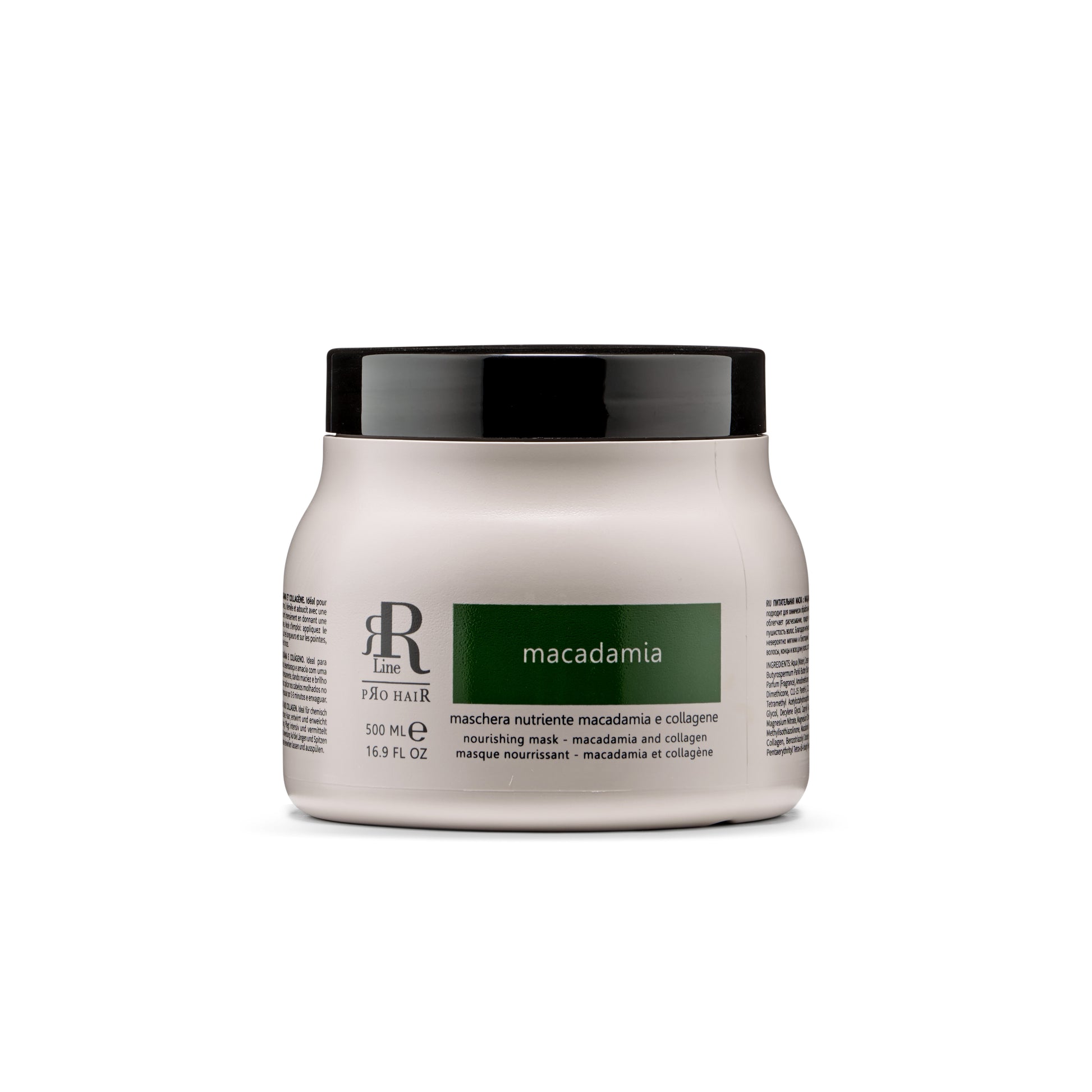 Macadamia and collagen nourishing hair mask in 500ml jar with sleek design