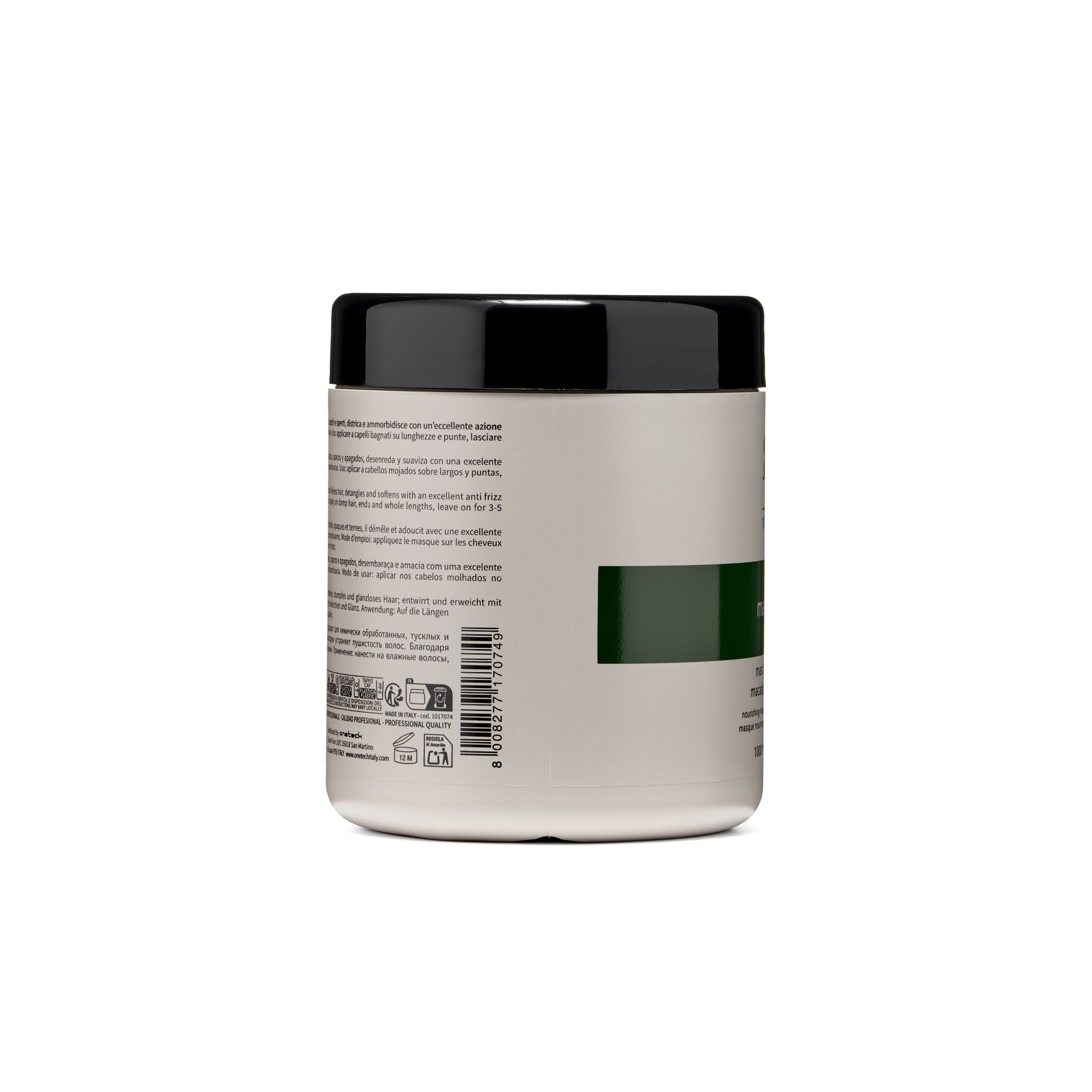 Professional hair mask jar with multilingual instructions, black lid, and green label for nourishing treatment