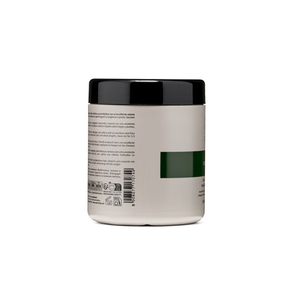 Professional hair mask jar with multilingual instructions, black lid, and green label for nourishing treatment