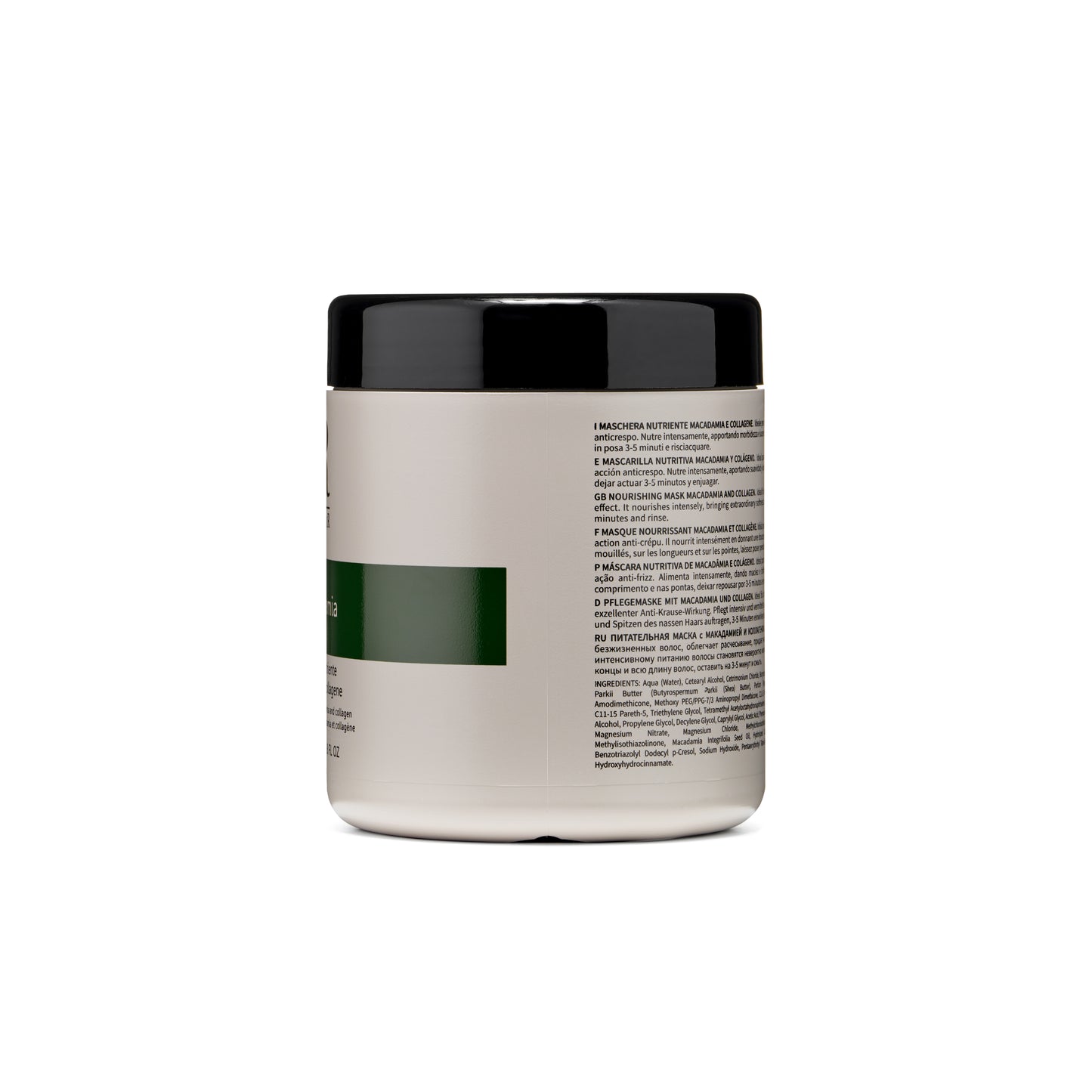 Nourishing hair mask with macadamia and collagen, multi-language label, black lid, white jar