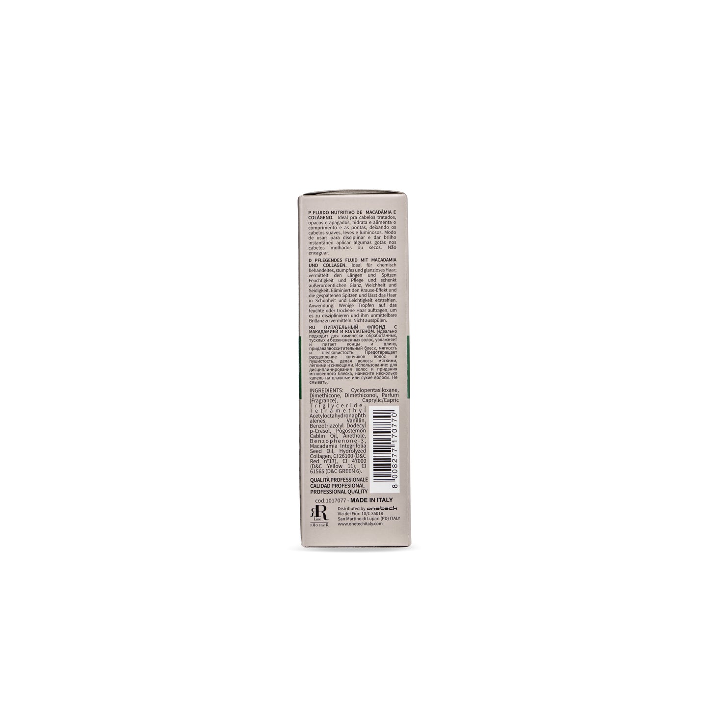 Macadamia and collagen hair care product box with multilingual text and barcode