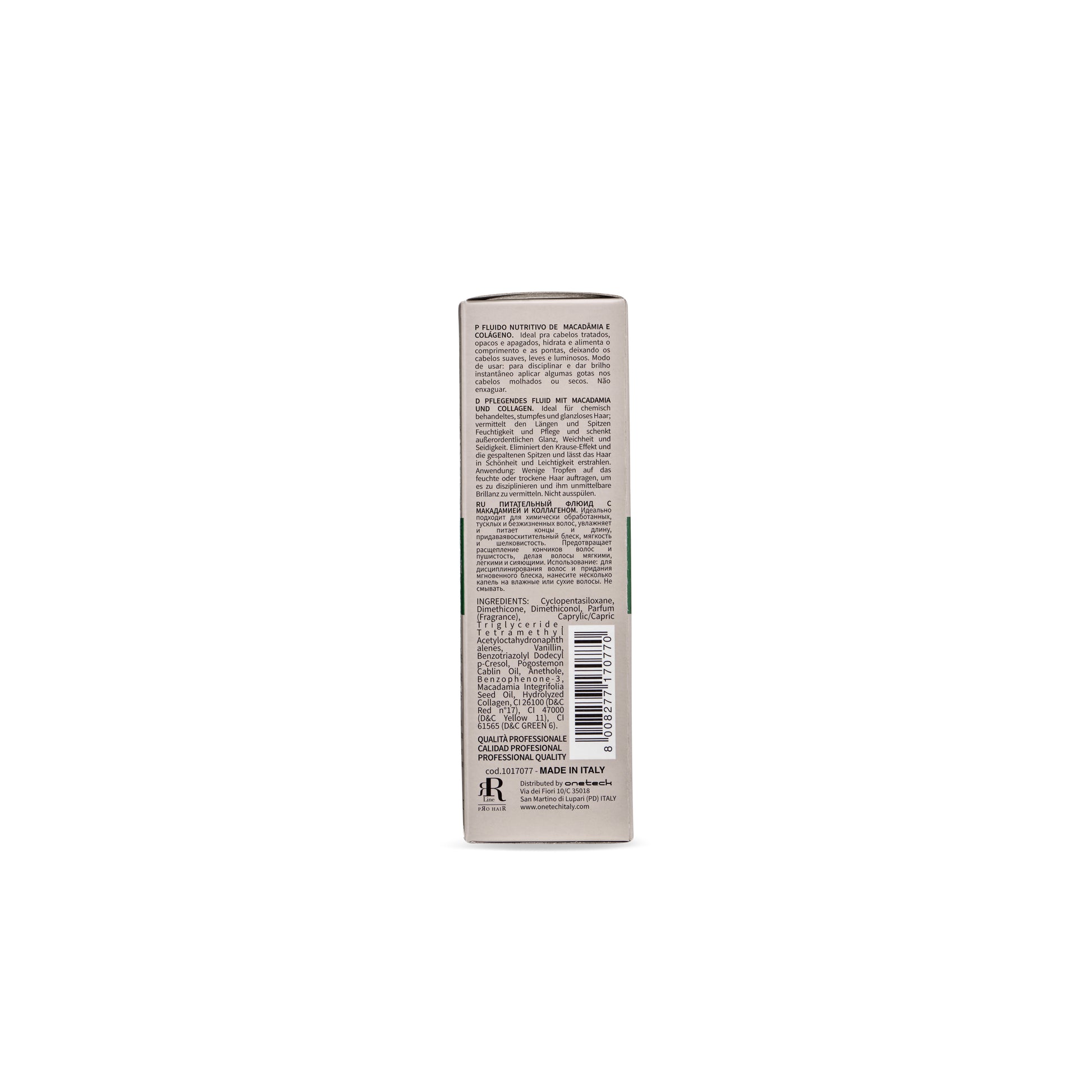 Macadamia and collagen hair care product box with multilingual text and barcode