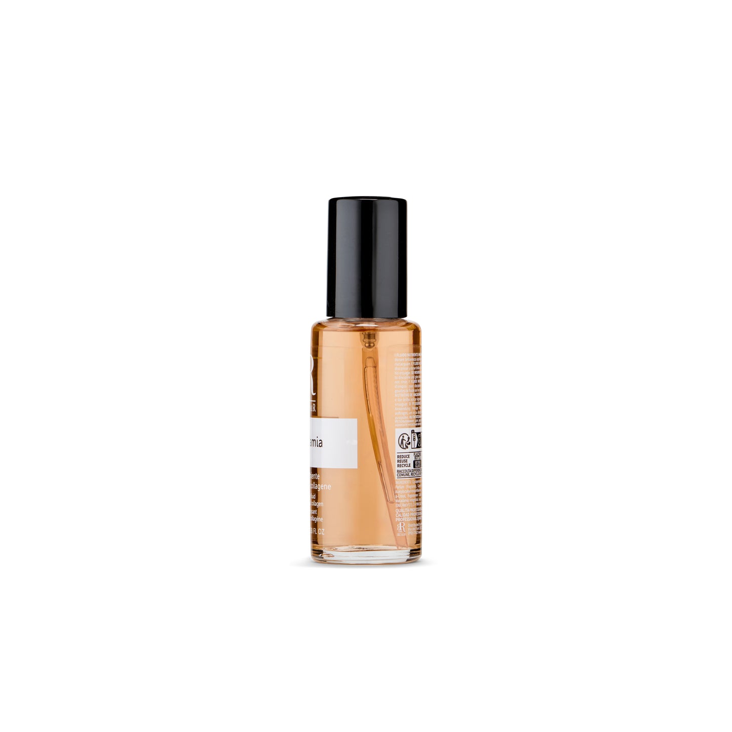 Macadamia hair oil treatment with collagen, professional beauty product in clear glass bottle