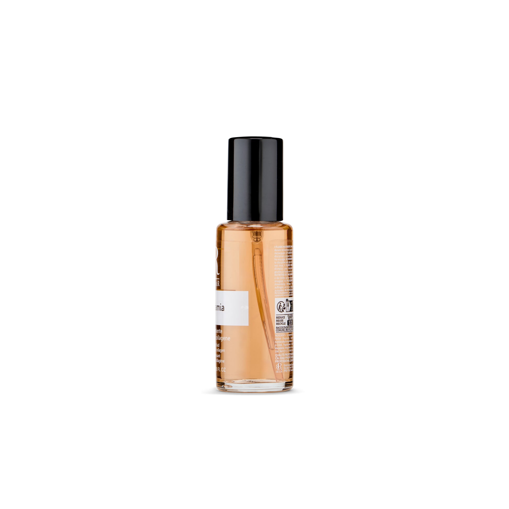 Macadamia hair oil treatment with collagen, professional beauty product in clear glass bottle