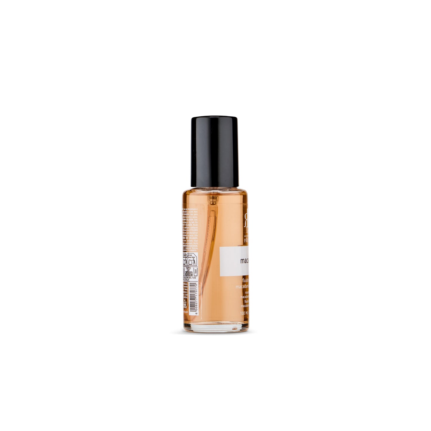 Macadamia hair oil treatment in clear glass bottle with black cap, 100ml, for nourishing and disciplining hair