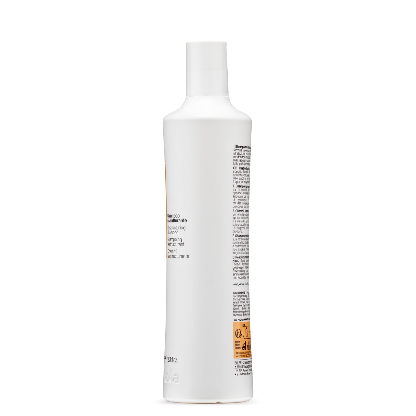 White bottle of restructuring shampoo for dry, damaged hair with multilingual label and recycling info