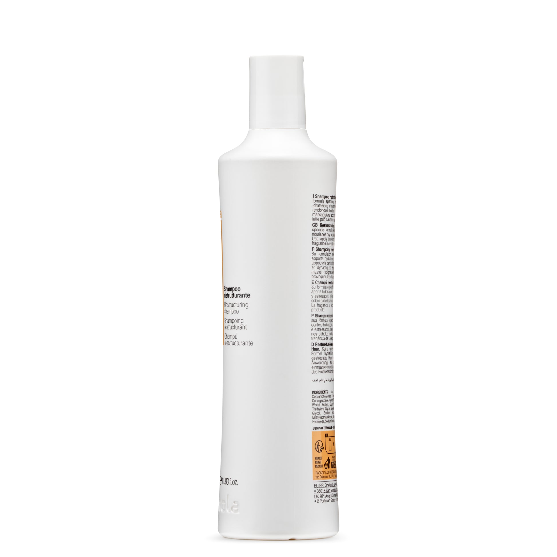 White bottle of restructuring shampoo for dry, damaged hair with multilingual label and recycling info
