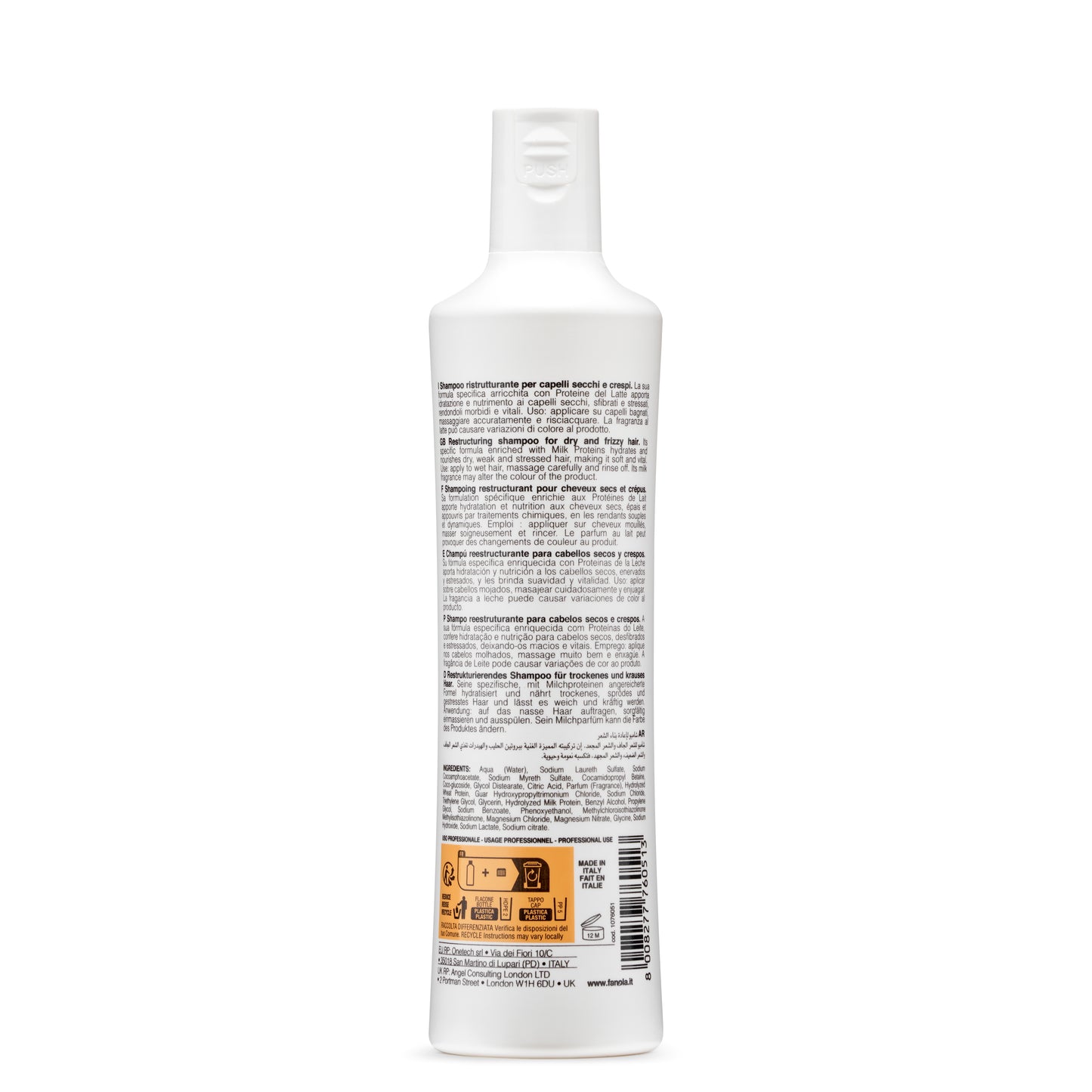 Restructuring shampoo for dry, frizzy hair with milk proteins, made in Italy, professional use