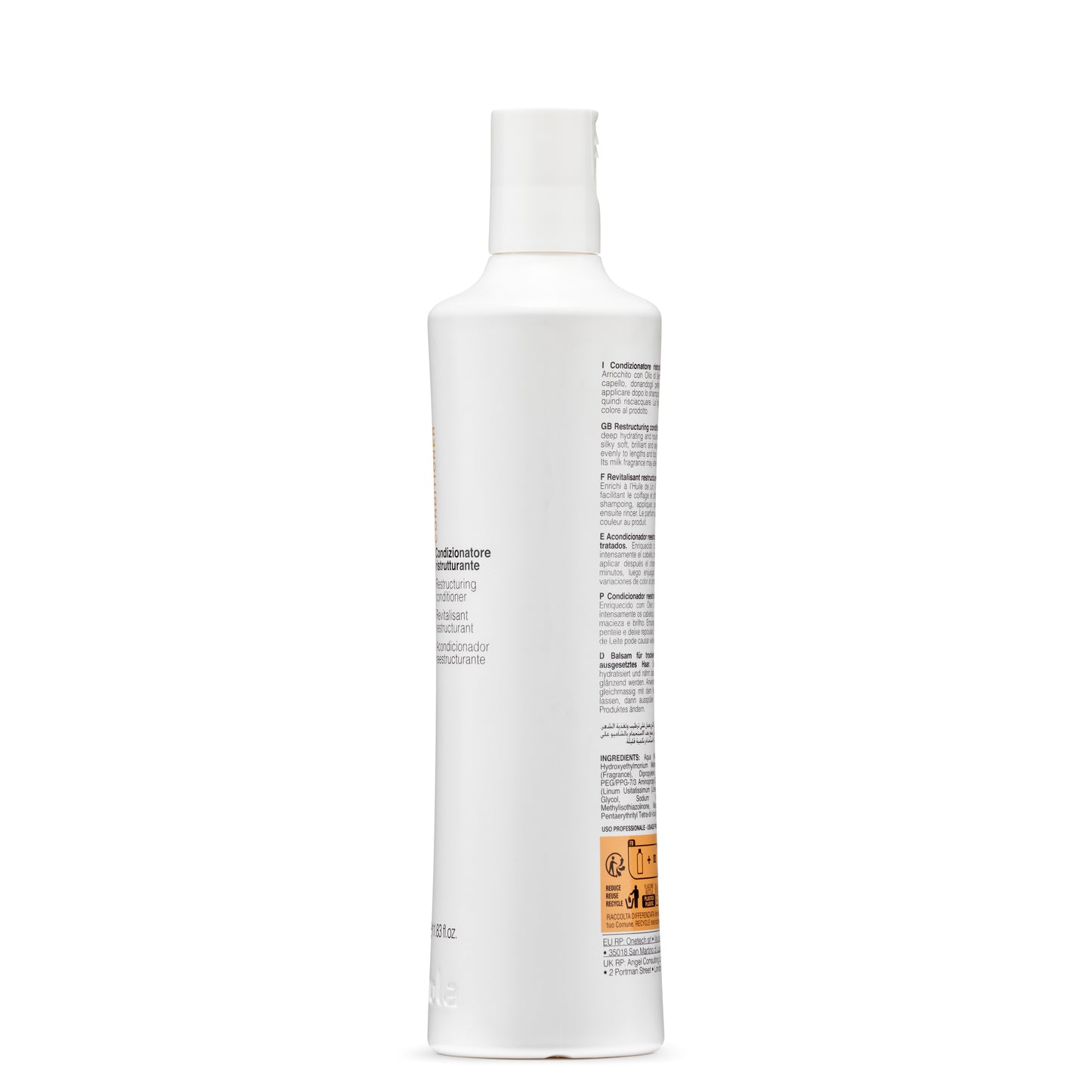 White bottle of restructuring conditioner with multilingual label, for deep hydration and hair repair