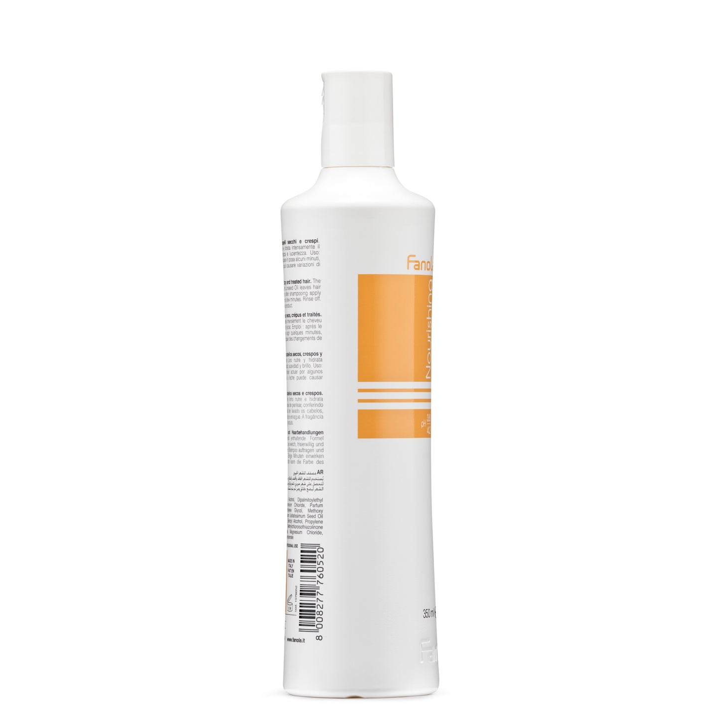 White bottle of Fanola Nourishing hair treatment for dry, curly, and treated hair, 350ml, made in Italy
