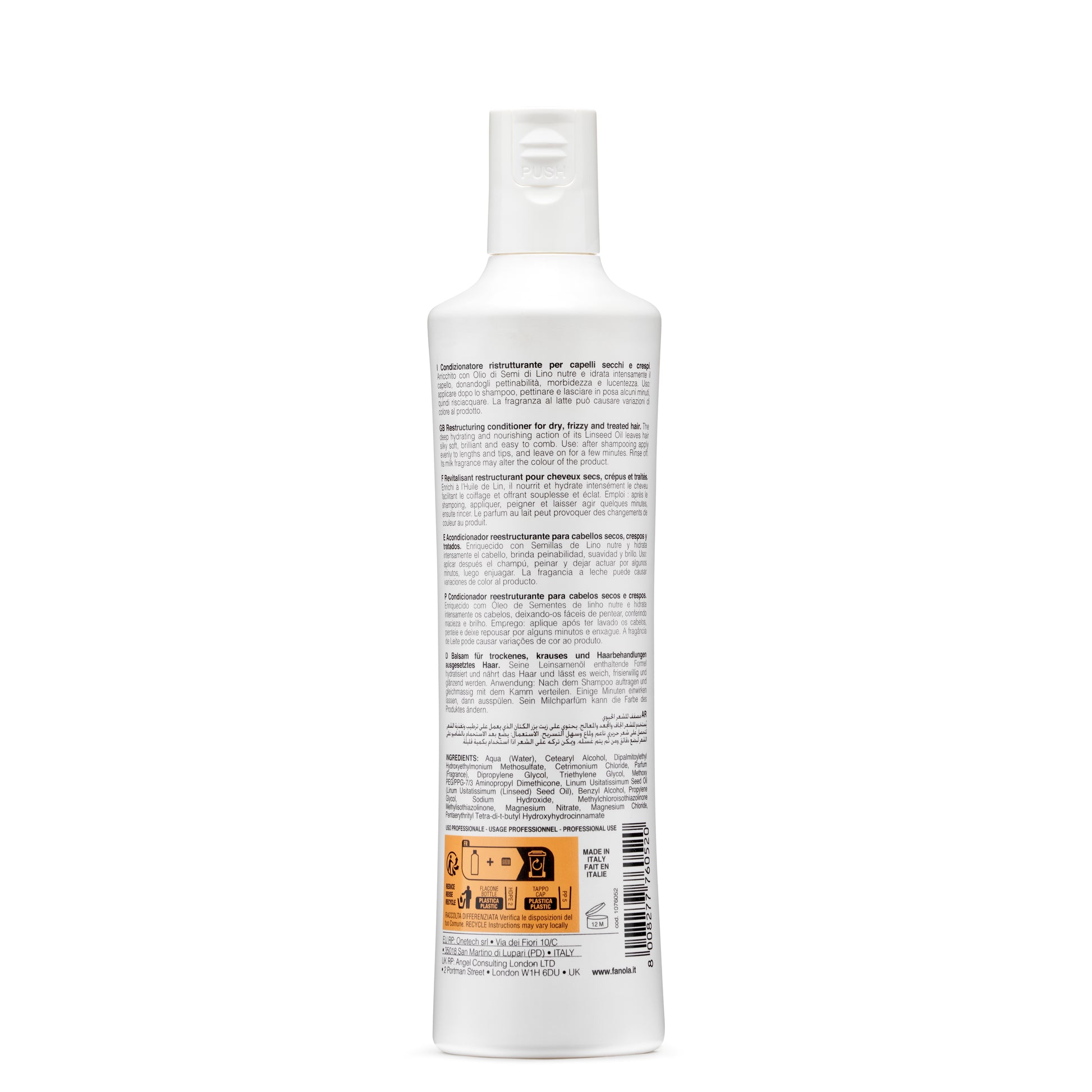 White bottle of restructuring conditioner for dry, frizzy hair with multilingual label and push cap