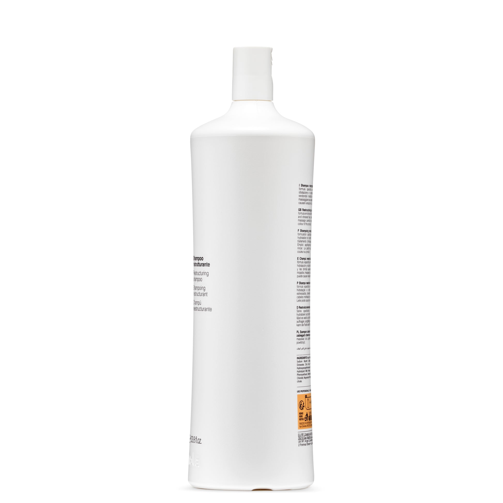 White bottle of restructuring shampoo for damaged hair, 33.8 fl.oz., multi-language label