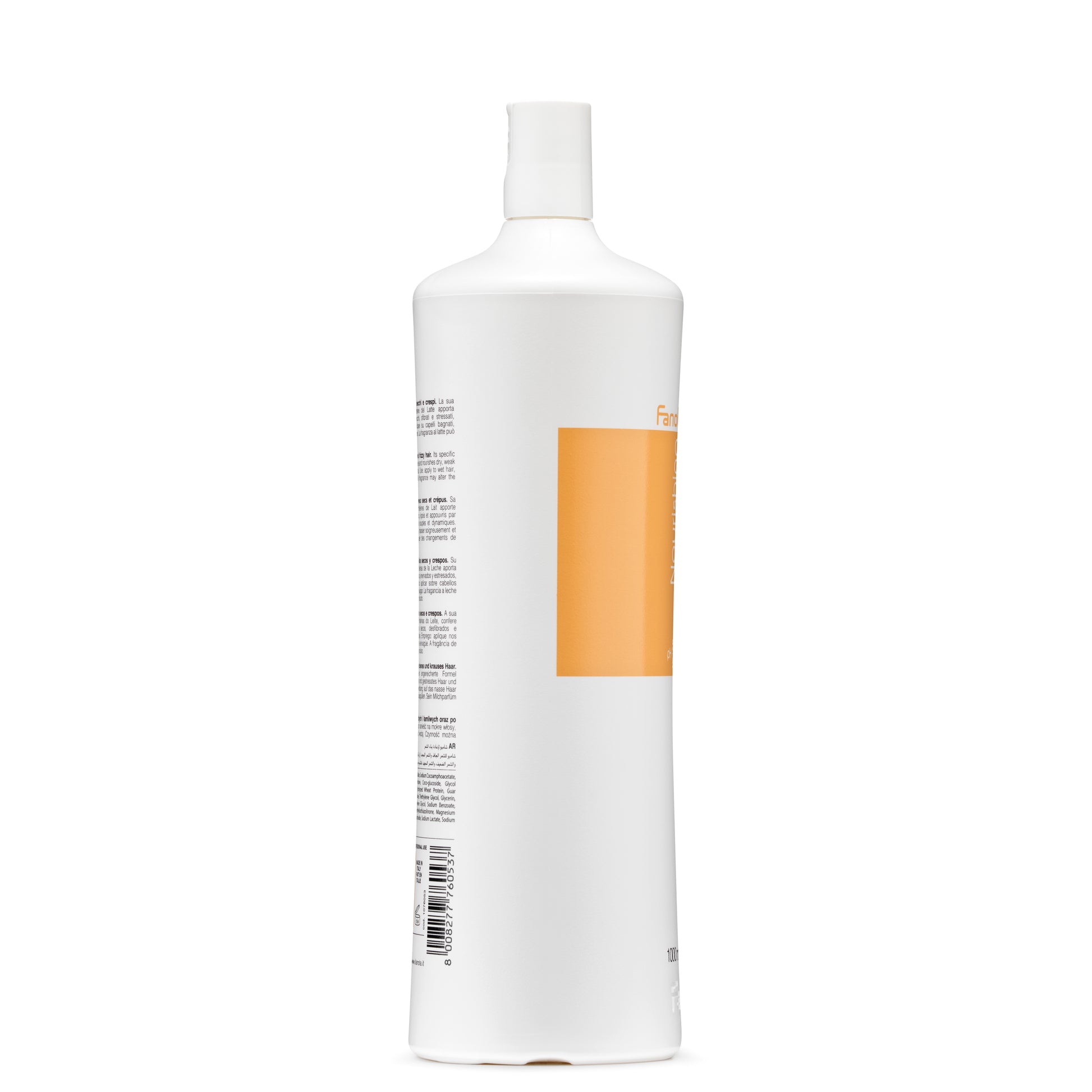White bottle with orange label, nourishing hair care product for dry, frizzy hair, made in Italy