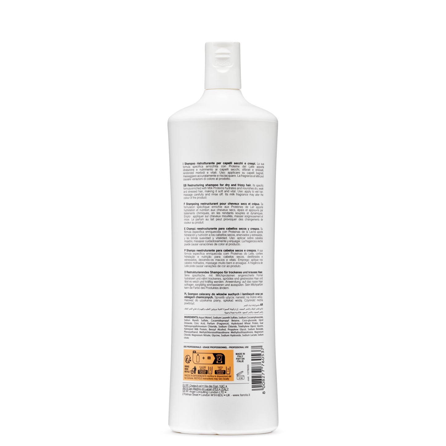 White bottle of restructuring shampoo for dry, frizzy hair with milk proteins, made in Italy