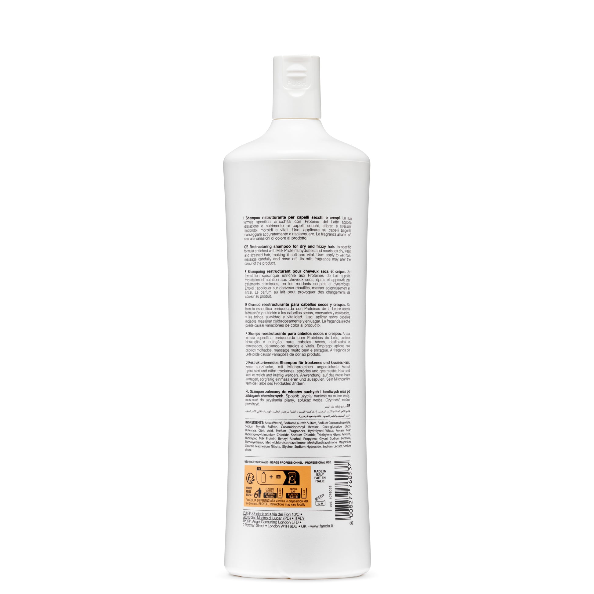 White bottle of restructuring shampoo for dry, frizzy hair with milk proteins, made in Italy