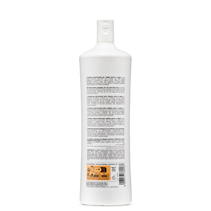 White bottle of restructuring shampoo for dry, frizzy hair with milk proteins, made in Italy