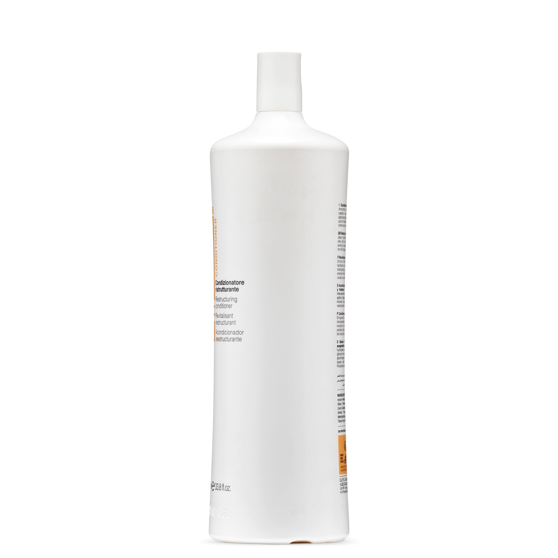 White bottle of restructuring conditioner for hair care, 33.8 fl.oz., multi-language label