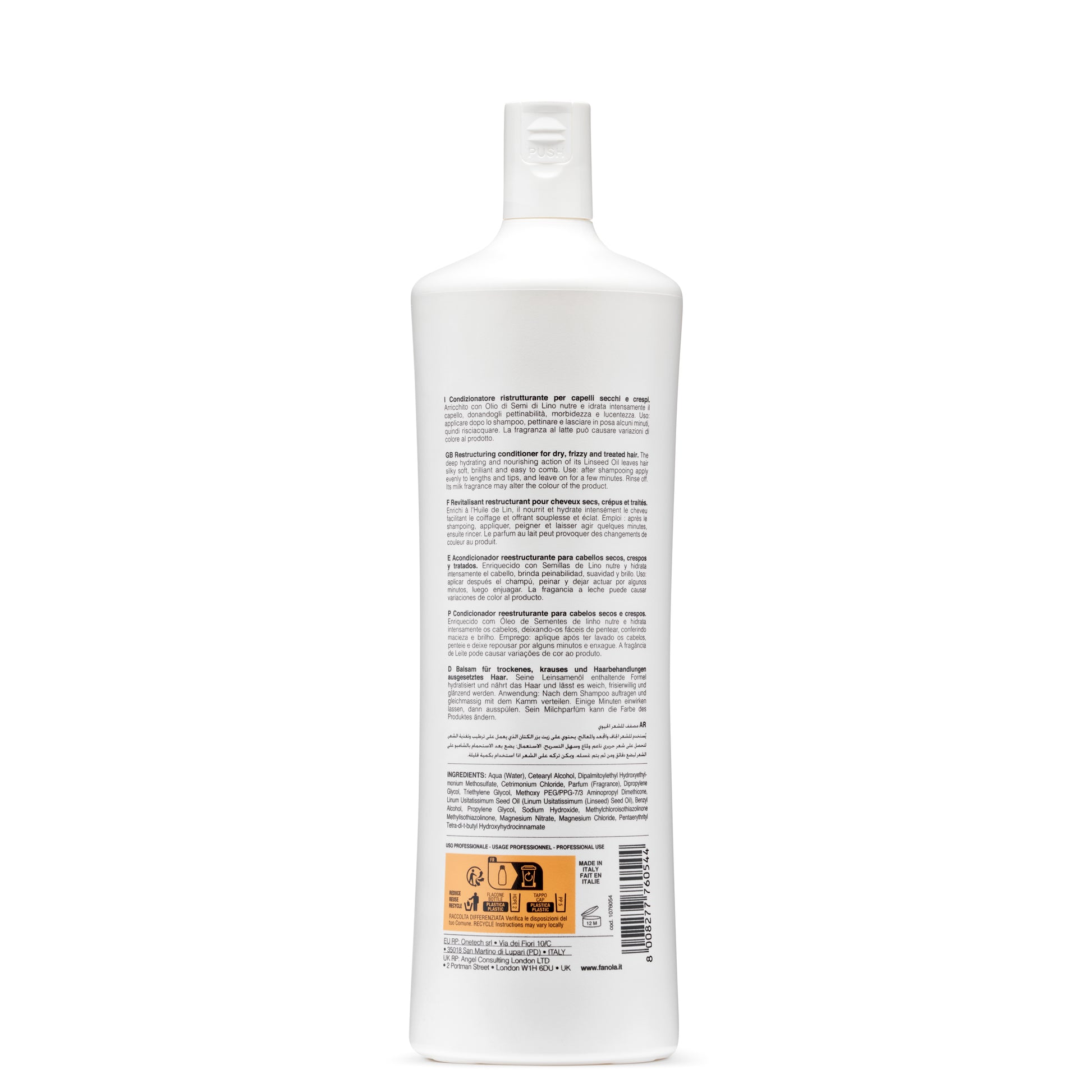 White bottle of restructuring conditioner for dry, frizzy hair with multilingual label and Italian origin